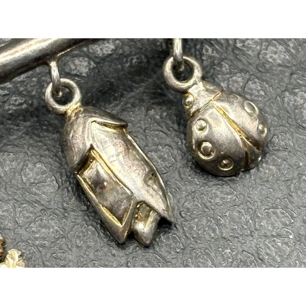 VTG Sterling Silver Garden Tool LADYBUG SHOVEL Sunflower Dangle Charm Brooch